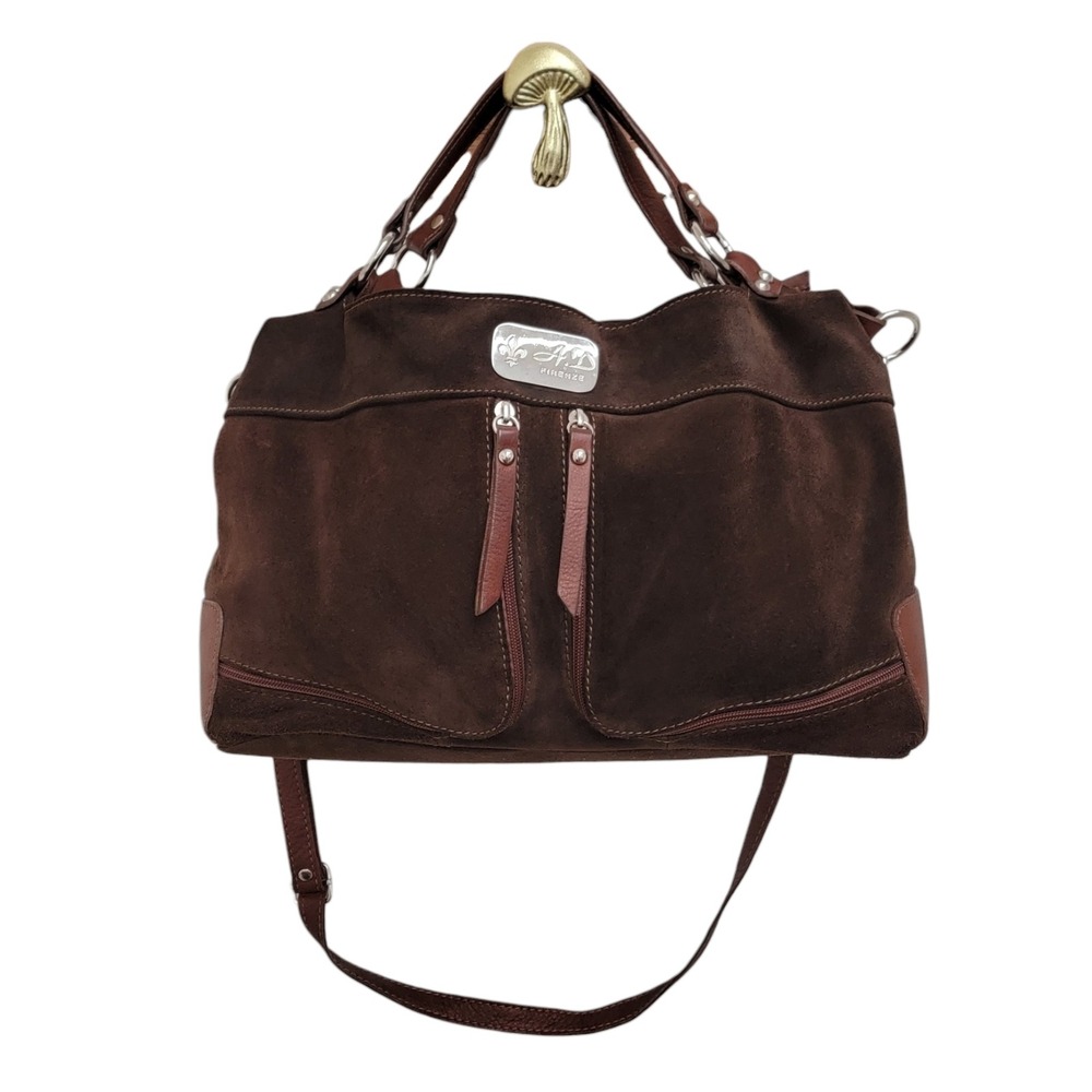 AD Firenze Brown Suede Leather Satchel Crossbody Bag Italy Boho Multi Zip